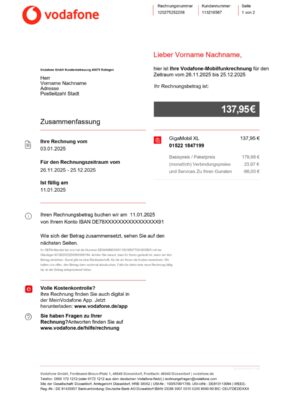 Editable phone bill template – Germany Vodafone sample in PDF