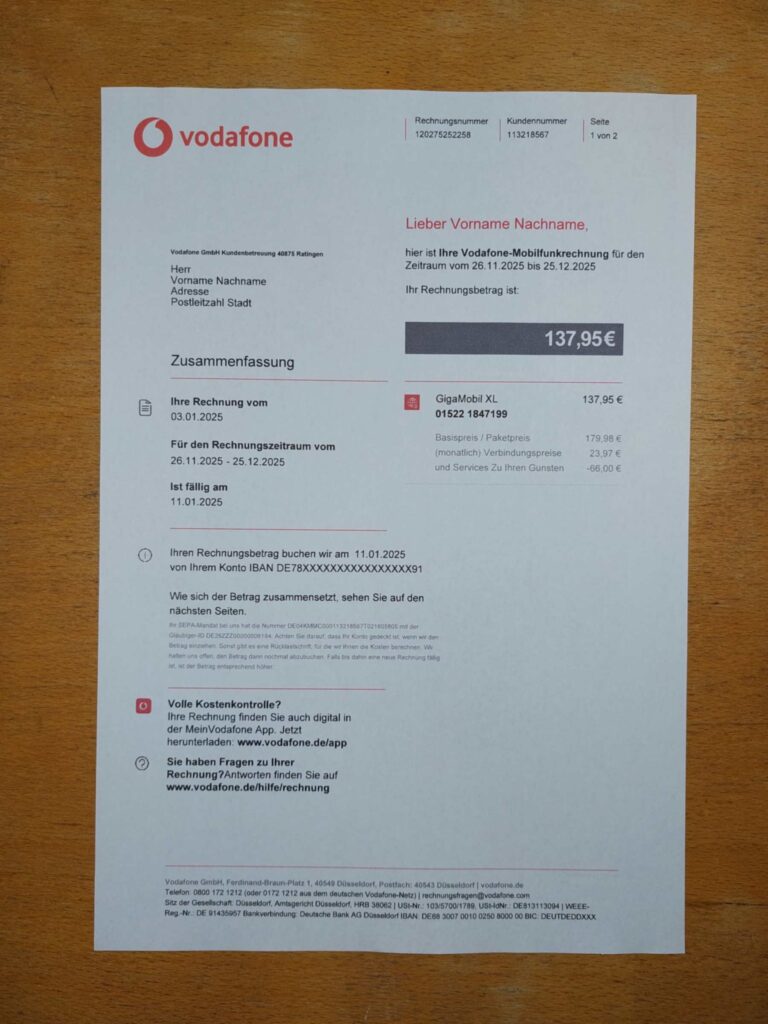 Printed Germany Vodafone utility bill – real photo for document verification