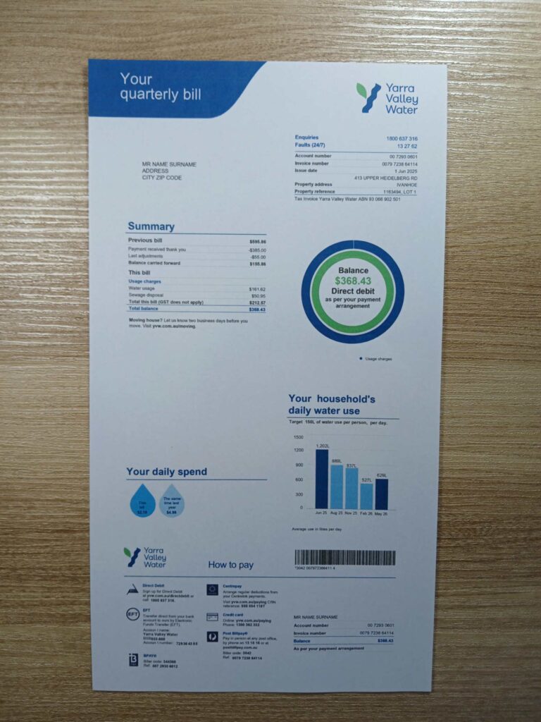 Visual example of printed Yarra Valley Water utility bill in Australia