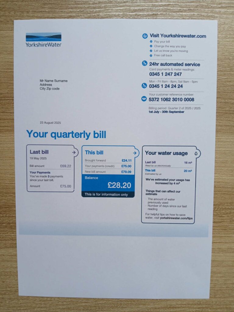Authentic printed Yorkshire Water bill from UK – proof of address example