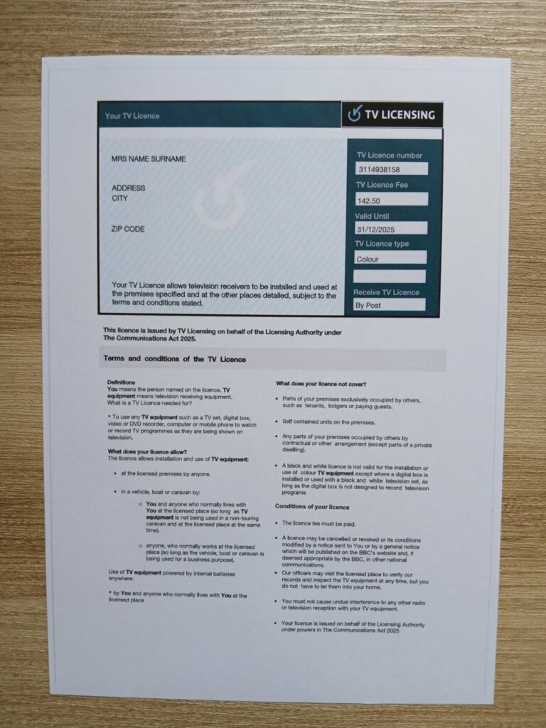 TV Licence bill printed and photographed – address proof from UK