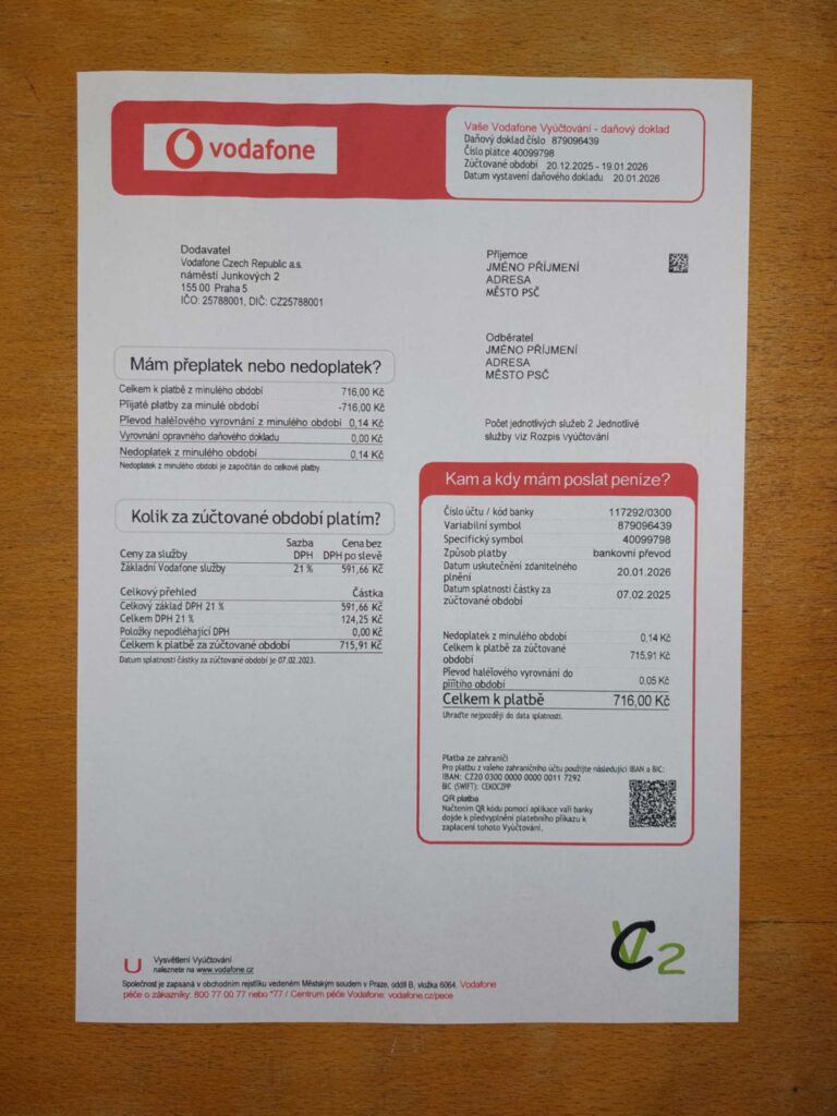 Vodafone bill printed and photographed – address proof from Czech Republic