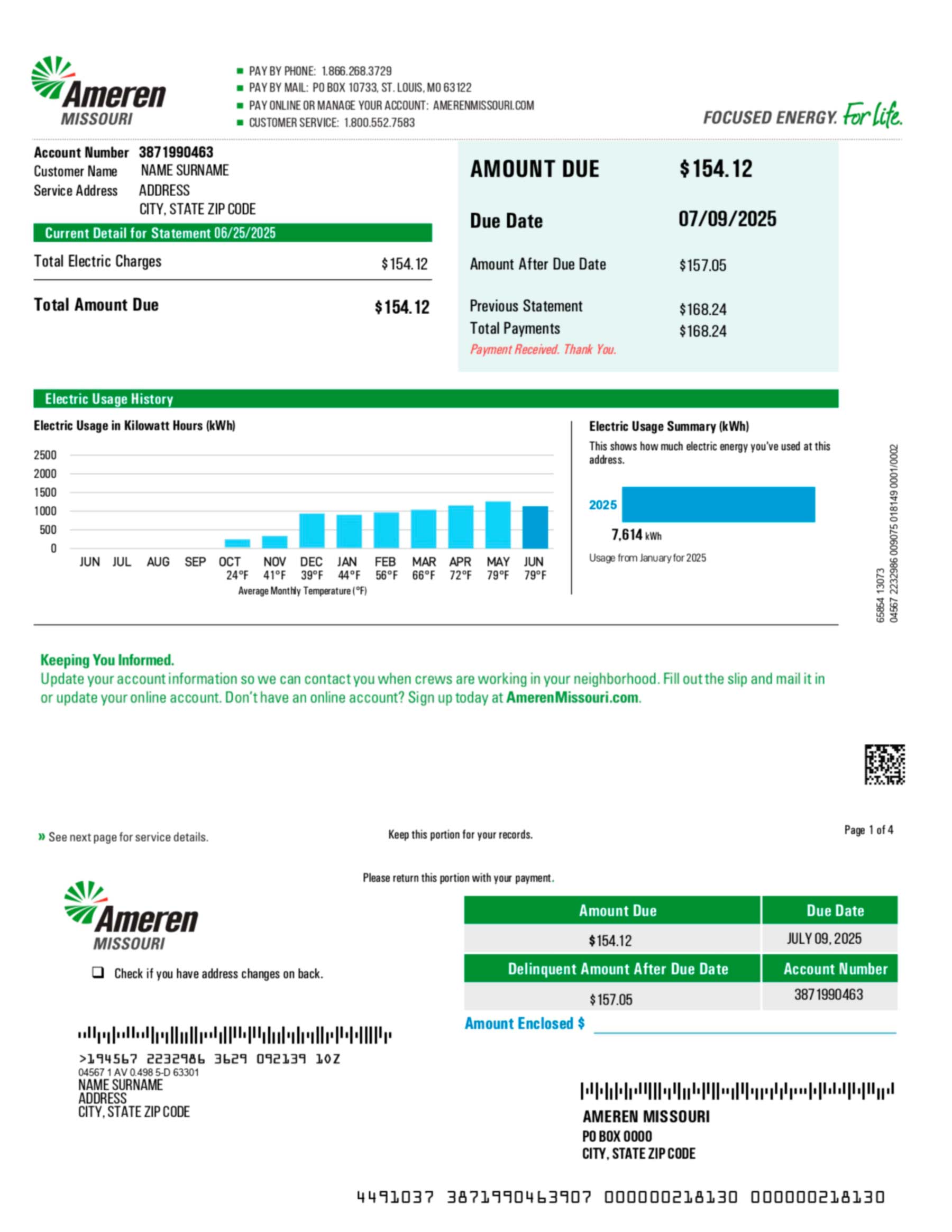Ameren utility bill in PDF showing realistic account layout, service address, and detailed energy usage for demonstration purposes.