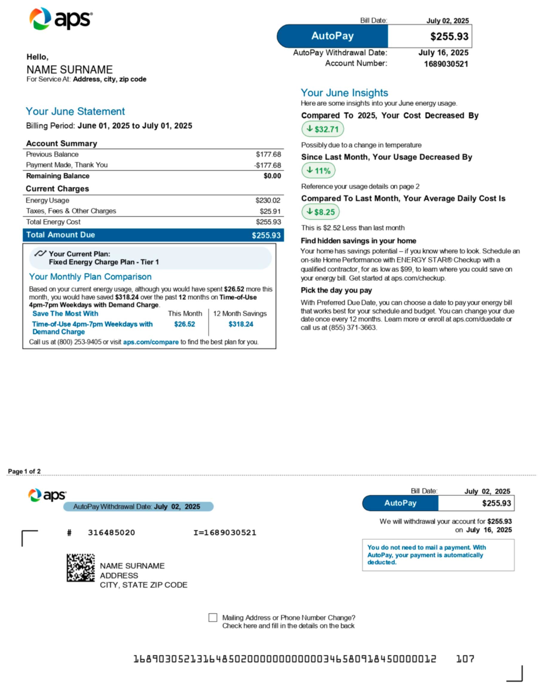 APS Arizona Public Service electricity bill in PDF showing realistic account details, service address, and energy usage for demonstration purposes.