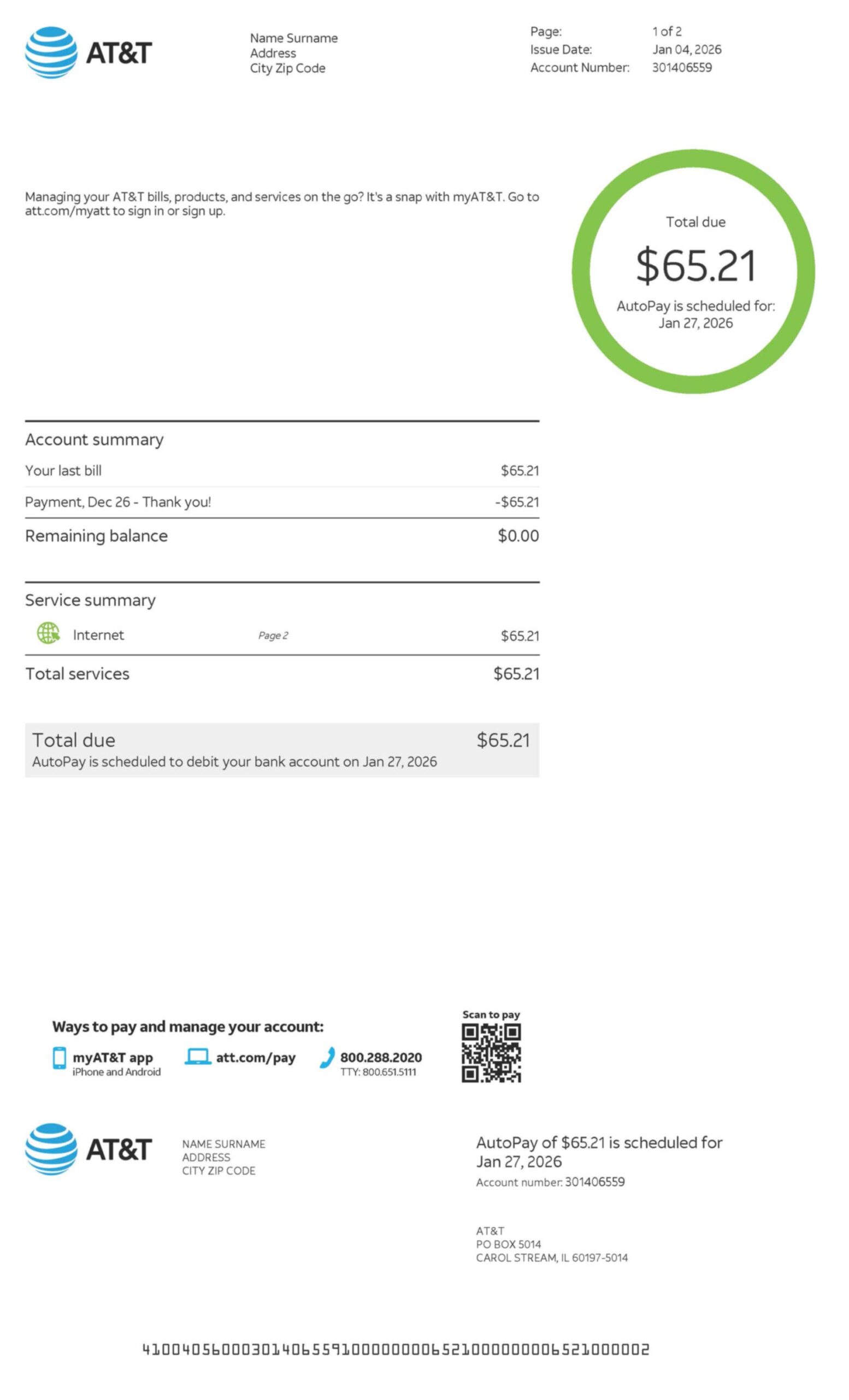 AT&T utility bill in PDF format with realistic account details, service address, and usage summary for demonstration purposes.