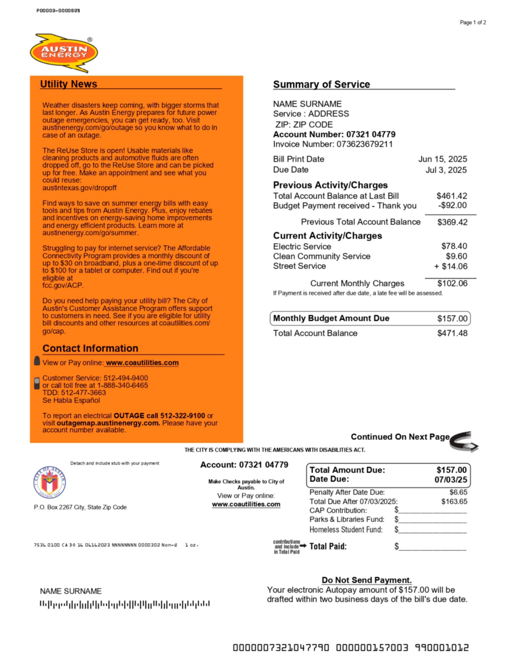 Austin Energy electricity bill in PDF format with realistic account layout, service details, and usage summary for demonstration purposes.