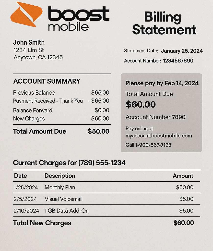 Boost Mobile service bill in PDF format with realistic account details, service address, and usage summary for demonstration purposes