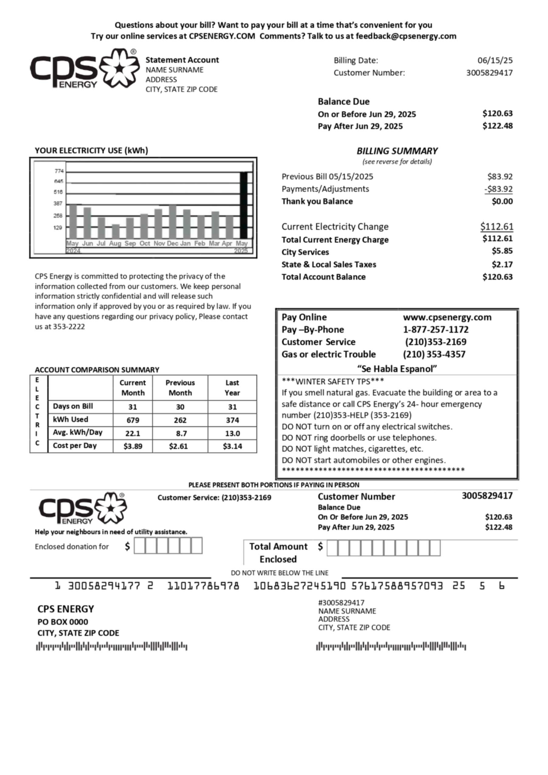 CPS Energy utility bill in PDF format with realistic account details, service address, and energy usage summary for demonstration purposes.