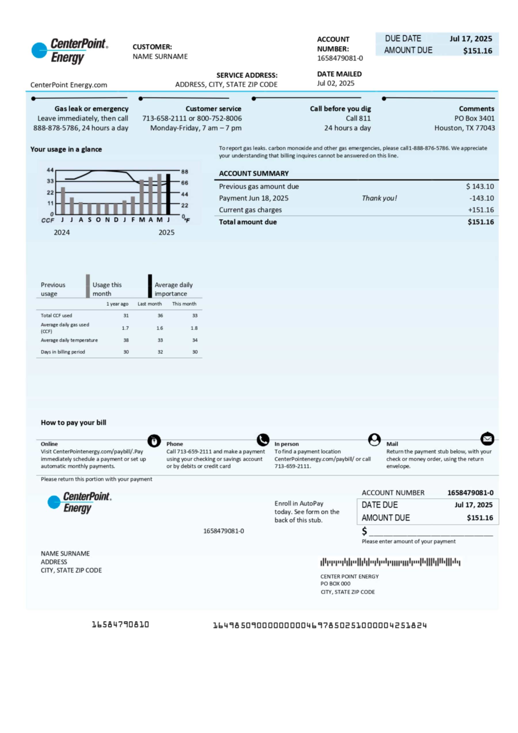 CenterPoint Energy utility bill in PDF showing realistic account details, service address, and energy usage breakdown for demonstration purposes.