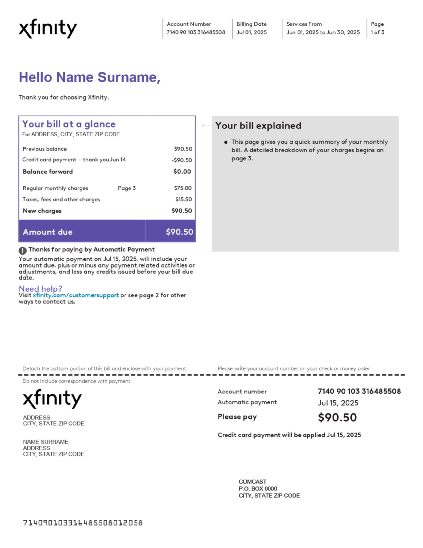 Xfinity internet and cable bill in PDF format with realistic account details, service address, and usage summary for demonstration purposes.