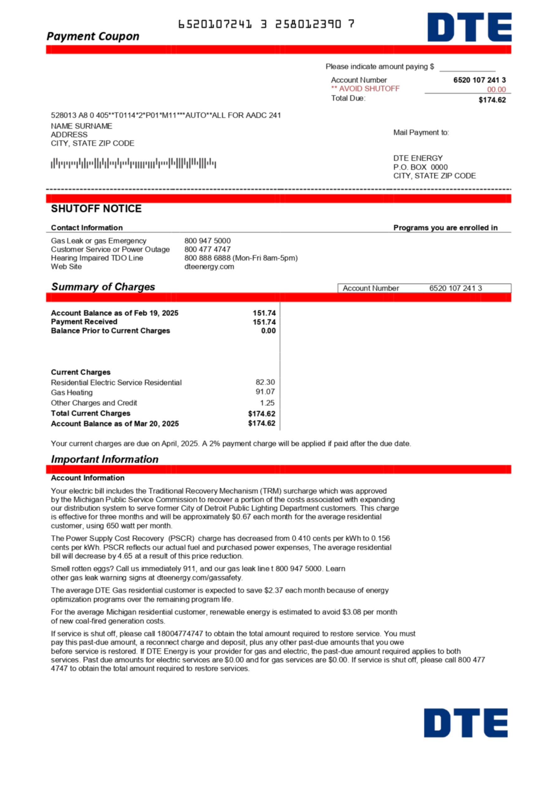 DTE Energy utility bill in PDF format with realistic account layout, service address, and detailed energy usage for demonstration purposes.
