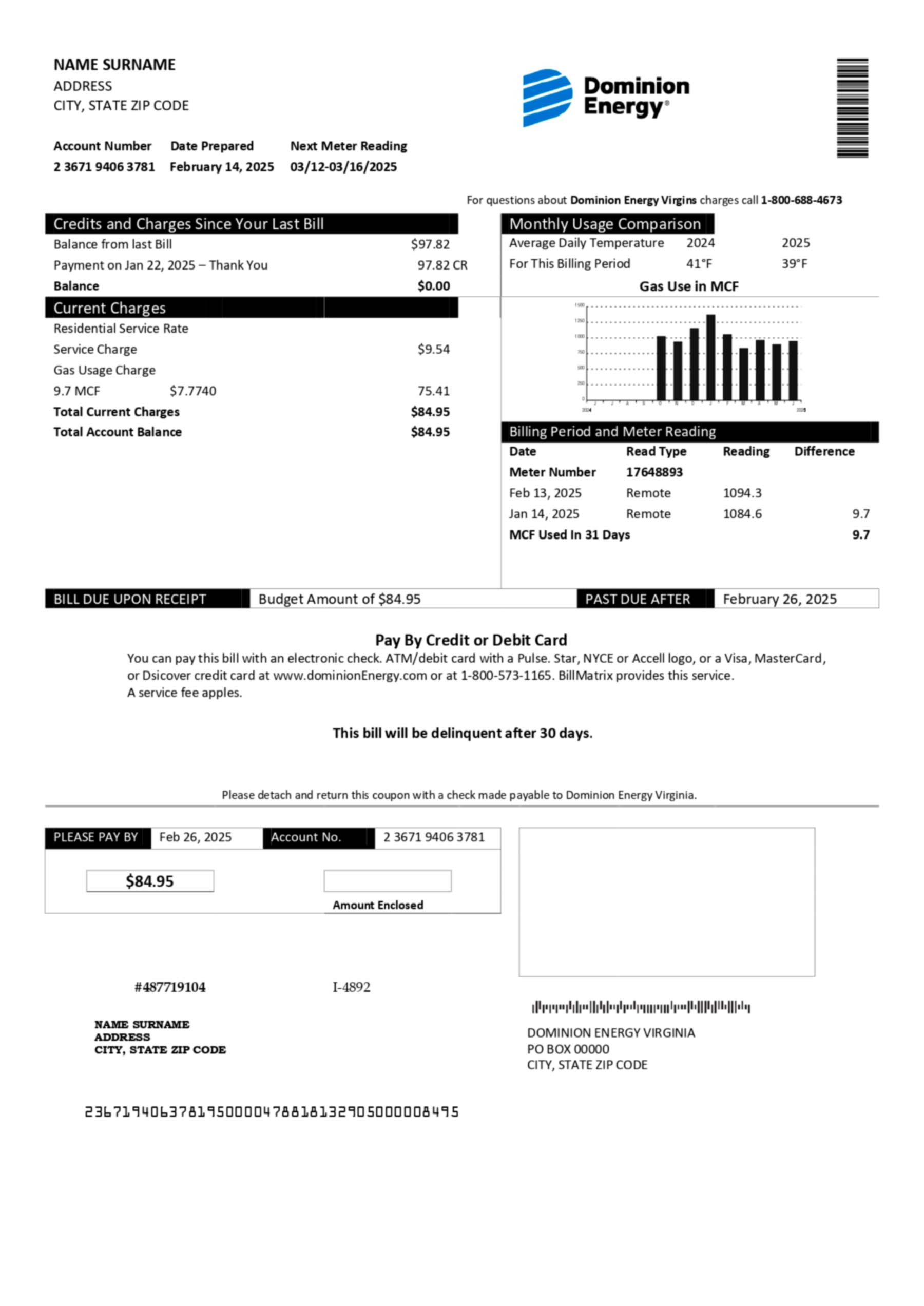 Dominion Energy utility bill in PDF showing realistic account layout, service address, and detailed energy usage for demonstration purposes.