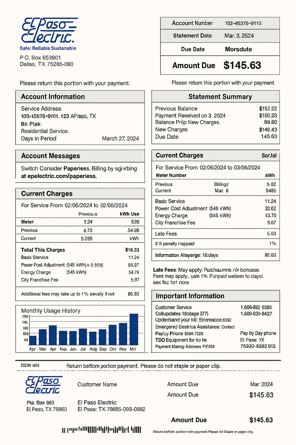 El Paso Electric utility bill in PDF showing realistic account layout, service address, and energy usage details for demonstration or training.