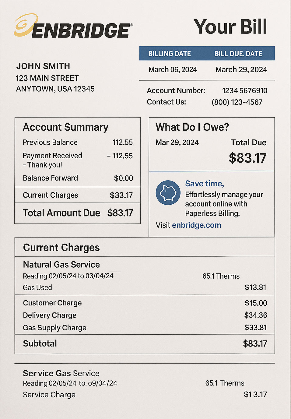 Enbridge gas utility bill in PDF showing realistic account layout, service address, and usage details for demonstration purposes.