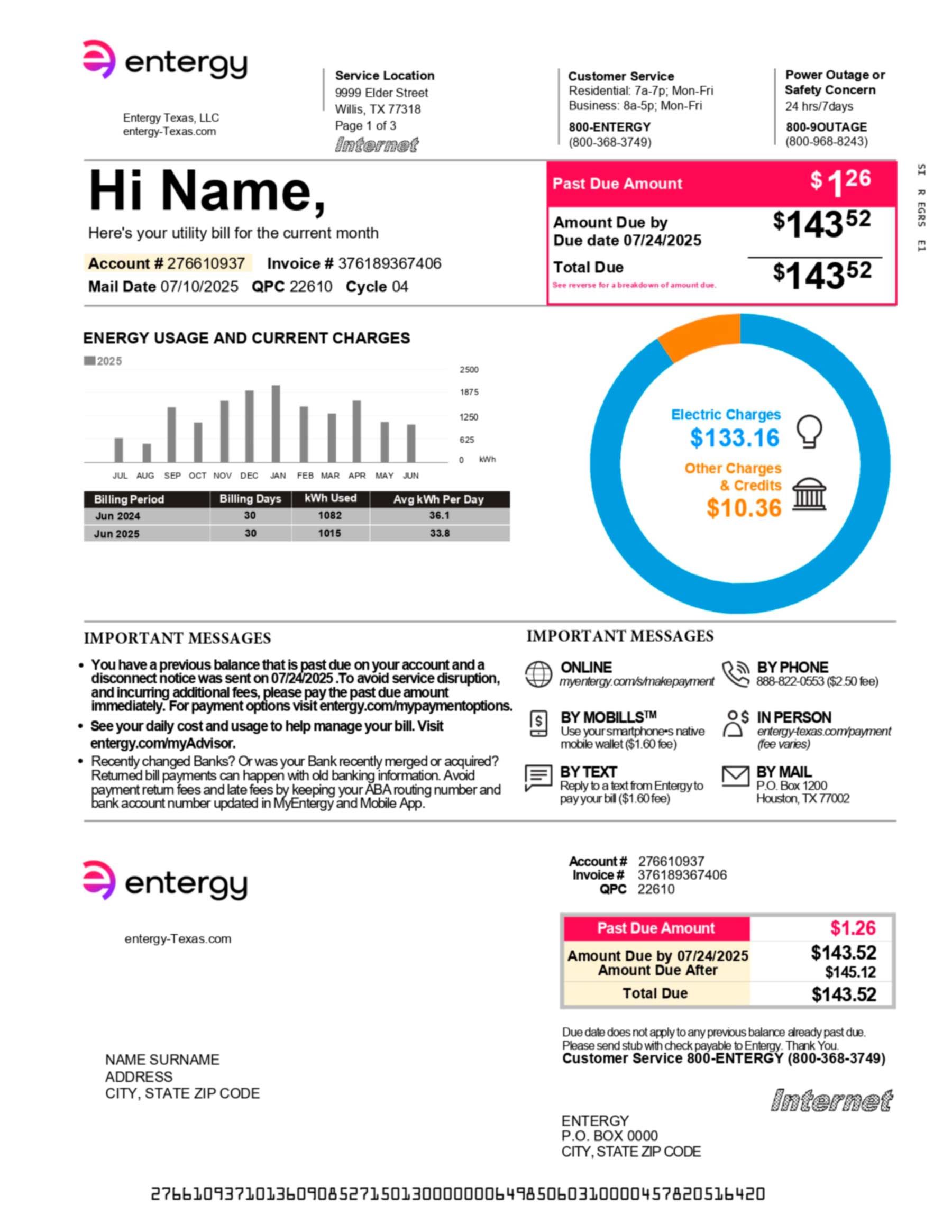 Entergy utility bill in PDF format showing realistic account layout, service details, and usage summary for demonstration purposes.