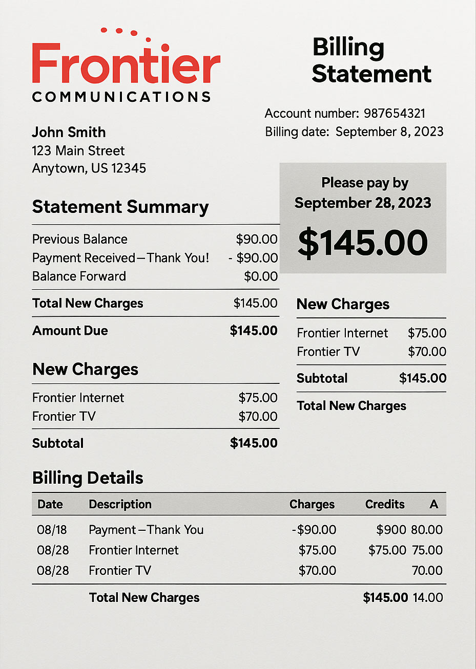 Frontier internet bill in PDF format with realistic account details, service address, and usage summary for demonstration purposes.