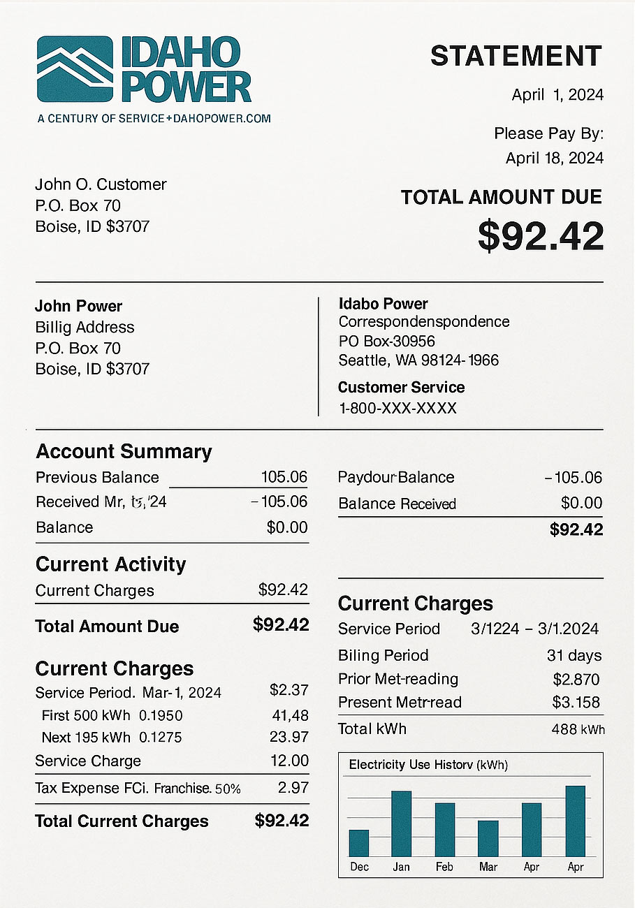 Idaho Power utility bill in PDF showing realistic account details, service address, and energy usage summary for demonstration or training use.
