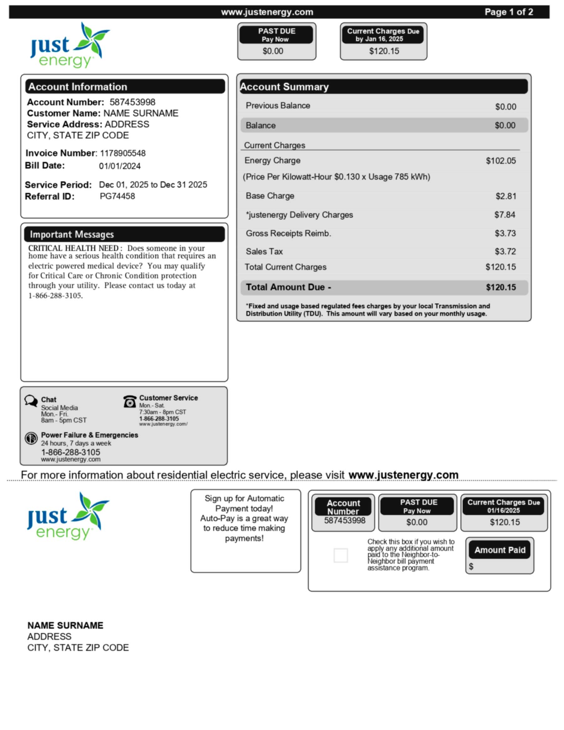 Just Energy utility bill in PDF with realistic account details, service address, and usage summary for demonstration purposes.