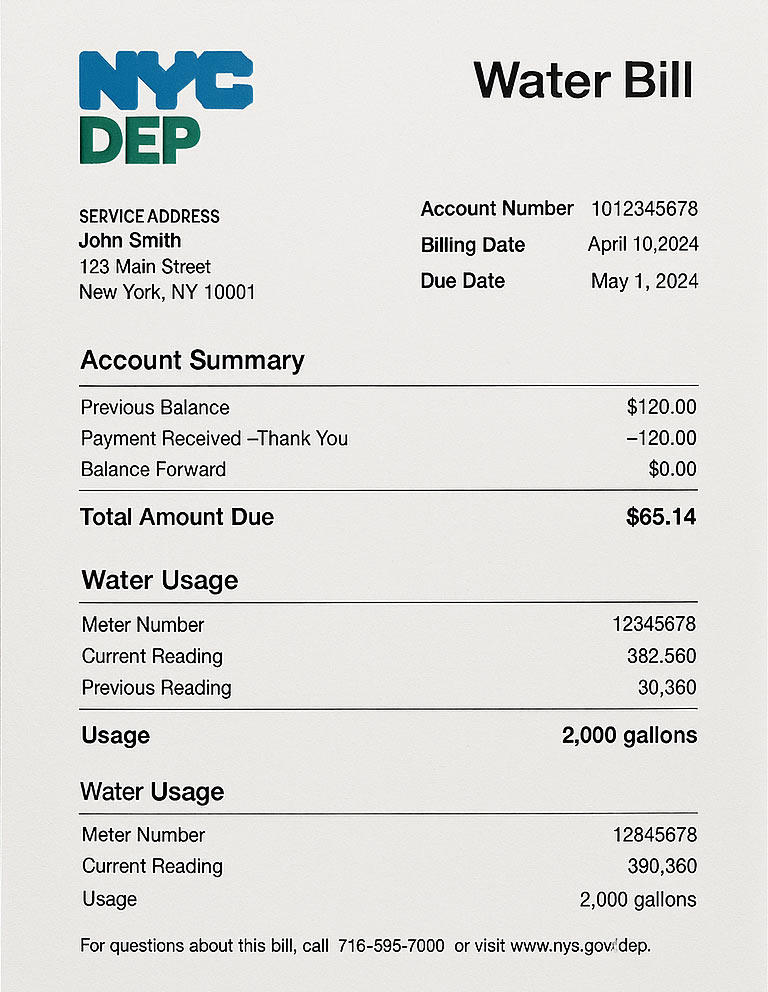 NYC DEP water bill in PDF showing realistic account details, service address, and usage summary for demonstration purposes.