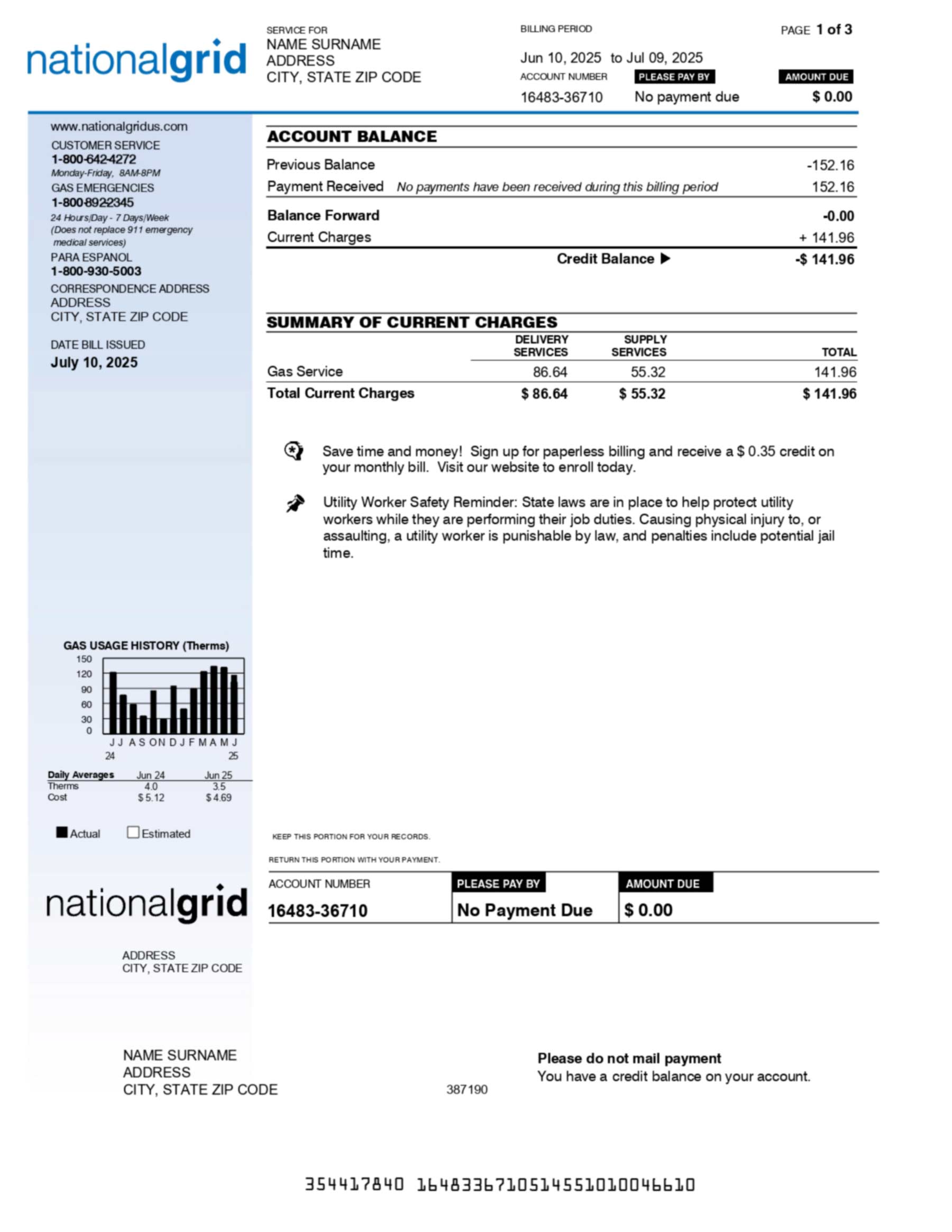 National Grid utility bill in PDF showing realistic account layout, service address, and energy usage details for demonstration or training purposes.