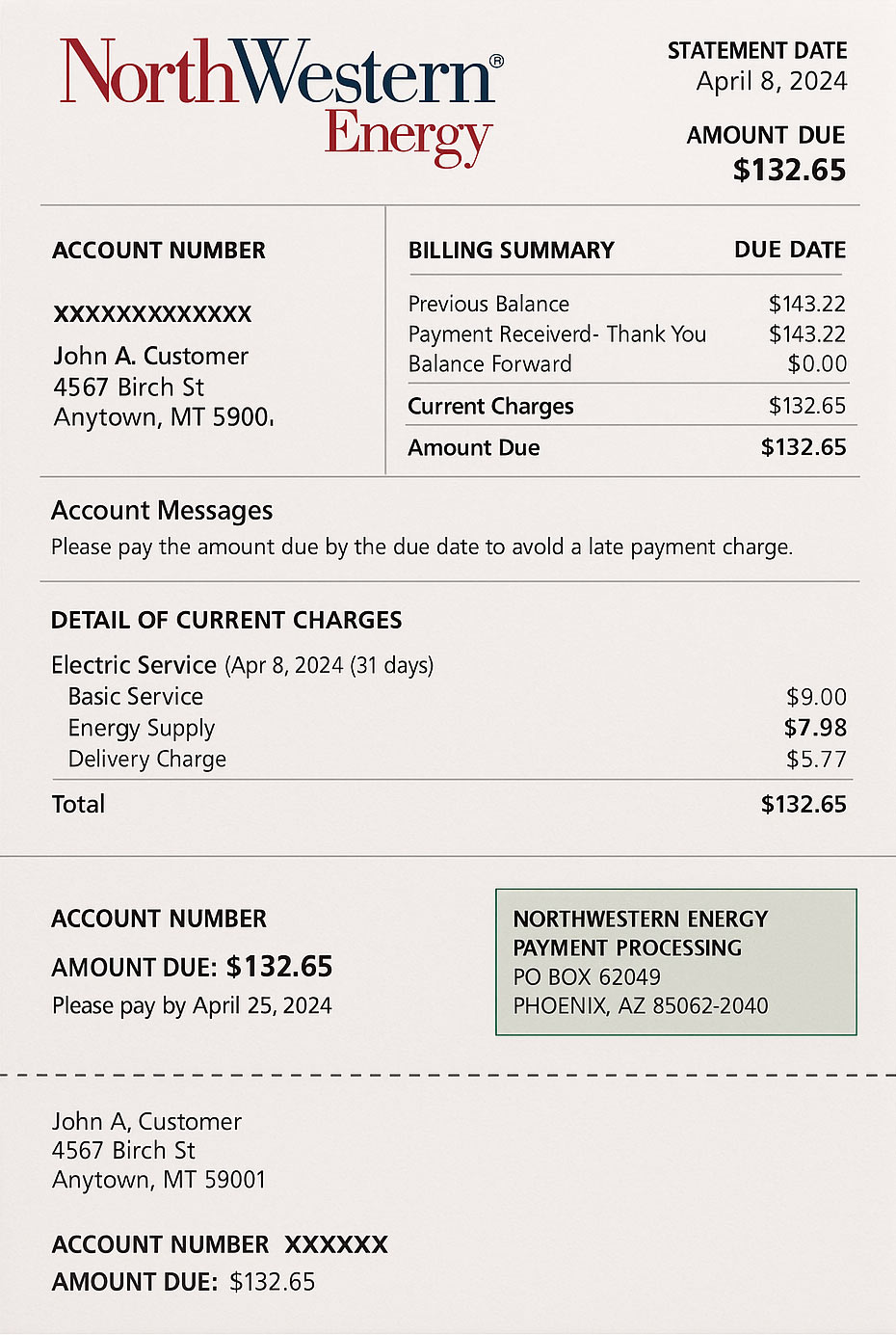 NorthWestern Energy utility bill in PDF showing realistic account layout, service address, and energy usage details for demonstration purposes.