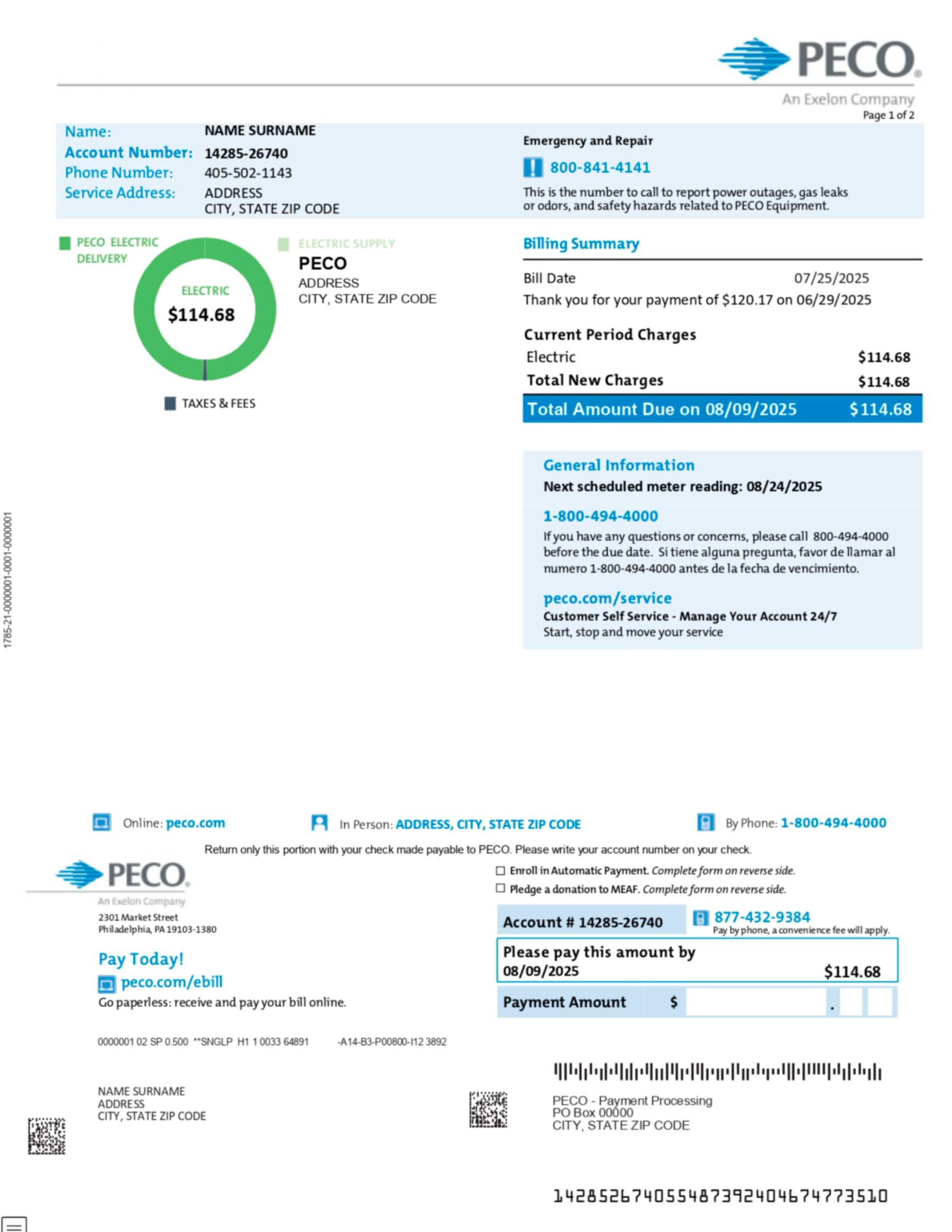 PECO utility bill in PDF format with realistic account details, service address, and energy usage summary for demonstration purposes.