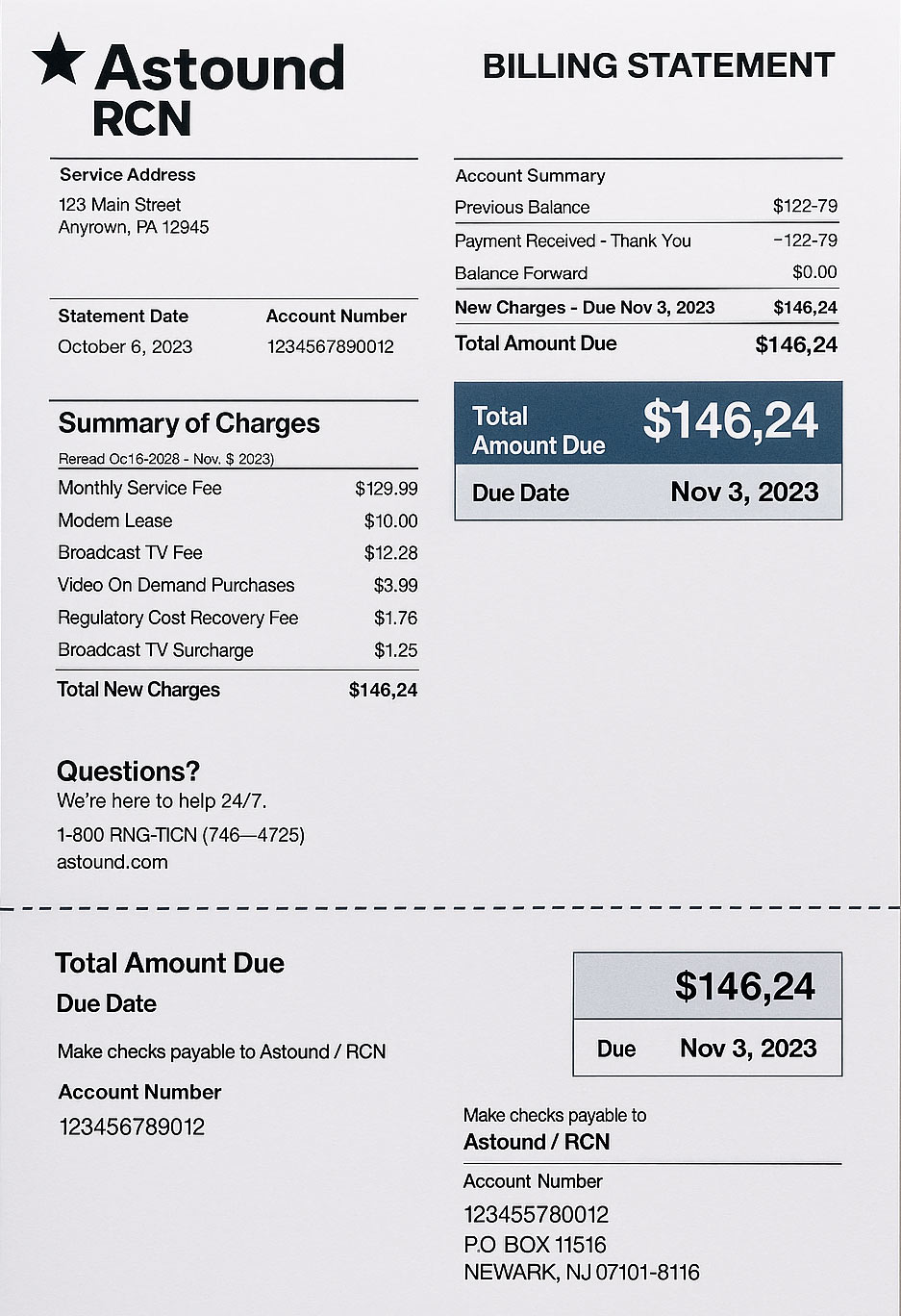 RCN Astound internet bill in PDF showing realistic account layout, service address, and usage details for demonstration purposes.