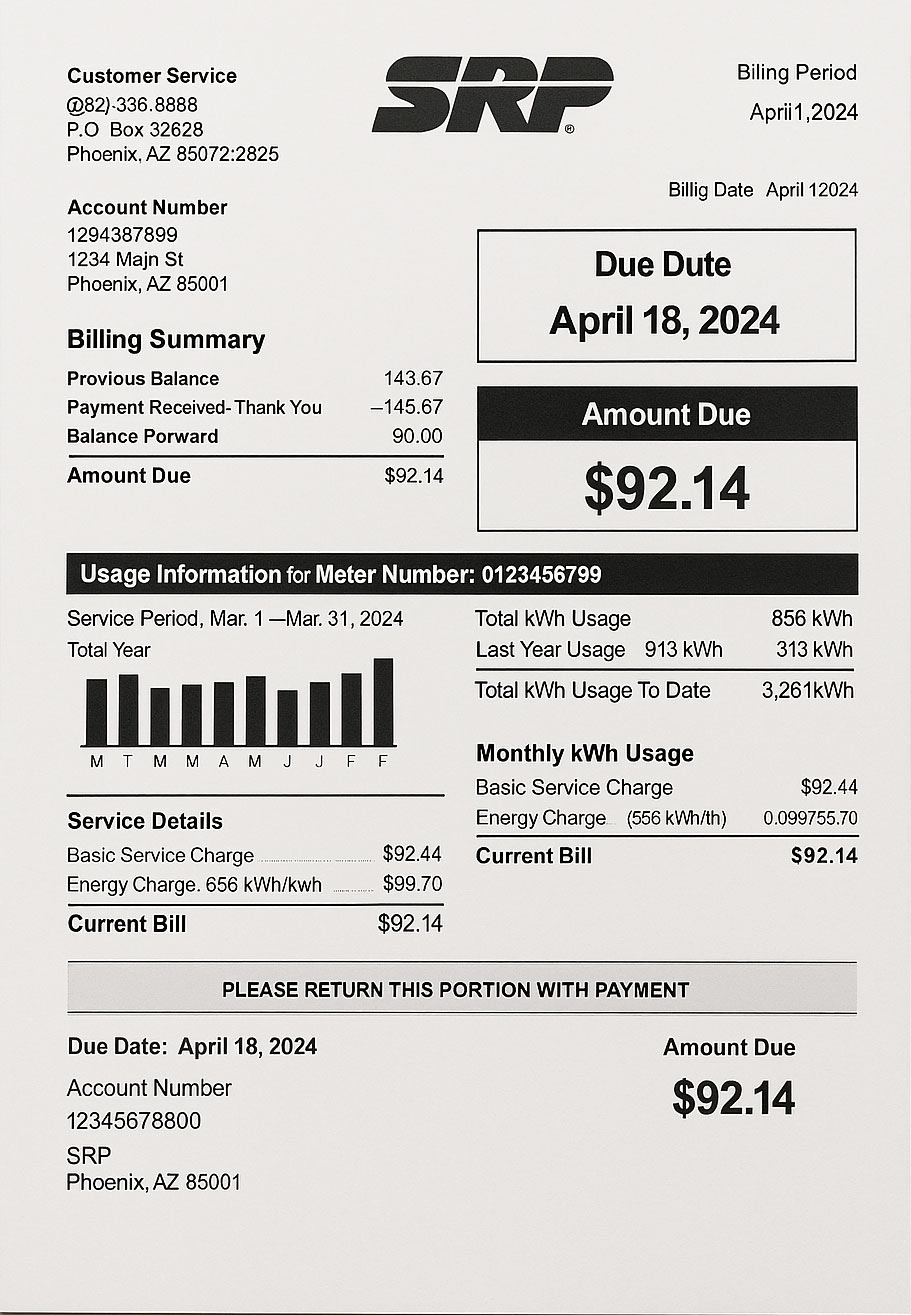 SRP Salt River Project utility bill in PDF showing realistic account details, service address, and usage summary for demonstration purposes
