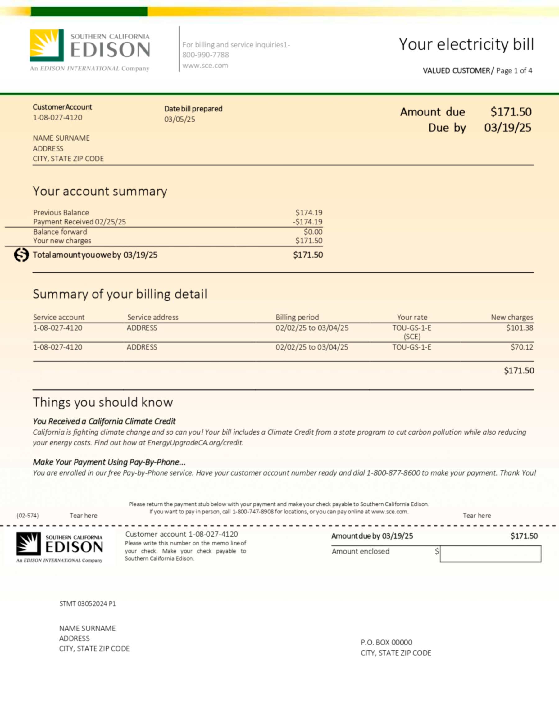 Southern California Edison electricity statement in PDF, featuring realistic usage data and address details for demonstration purposes.