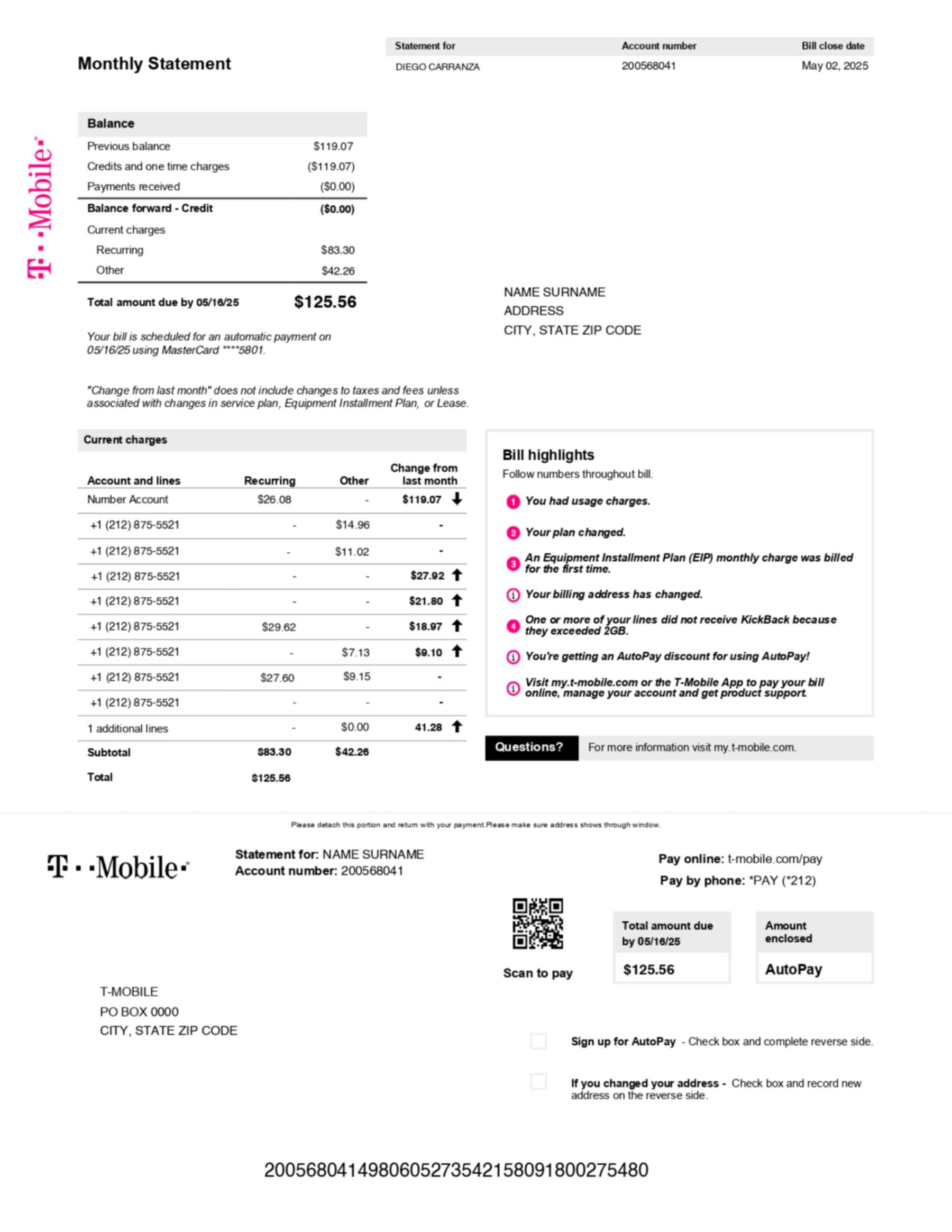 T-Mobile mobile service bill in PDF showing realistic account details, service address, and usage summary for demonstration purposes.