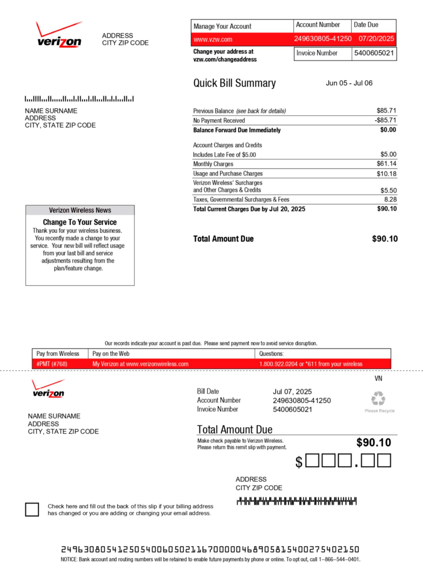 Verizon utility bill in PDF showing realistic account details, service address, and usage summary for demonstration purposes.