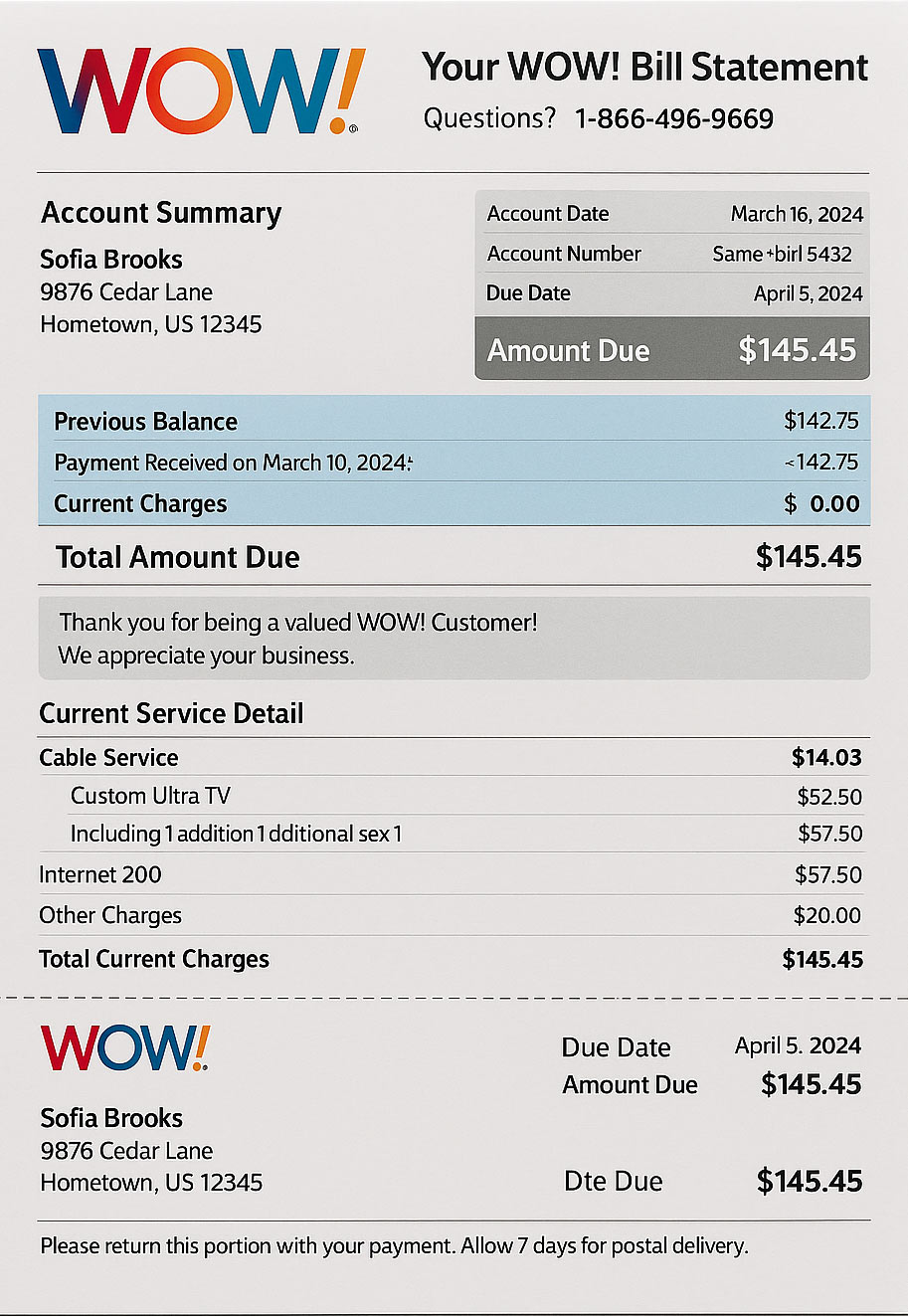 WOW WideOpenWest internet and cable bill in PDF format with realistic account details, service address, and usage summary for demonstration purposes.