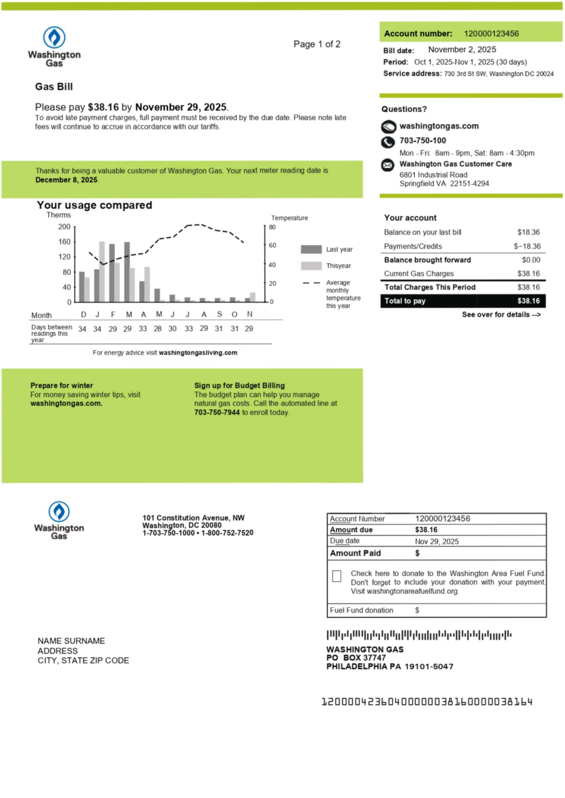 Washington Gas bill in PDF format with realistic account details, service address, and usage summary for demonstration purposes.