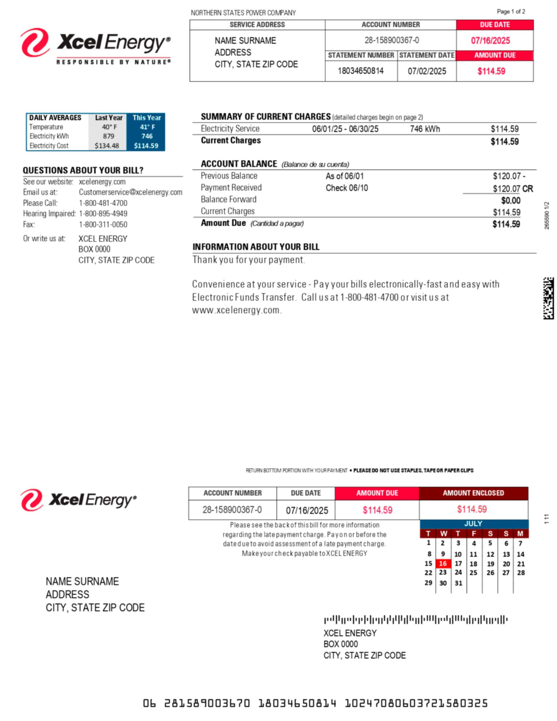 Xcel Energy utility bill in PDF showing realistic account layout, service address, and detailed usage information for demonstration purposes.