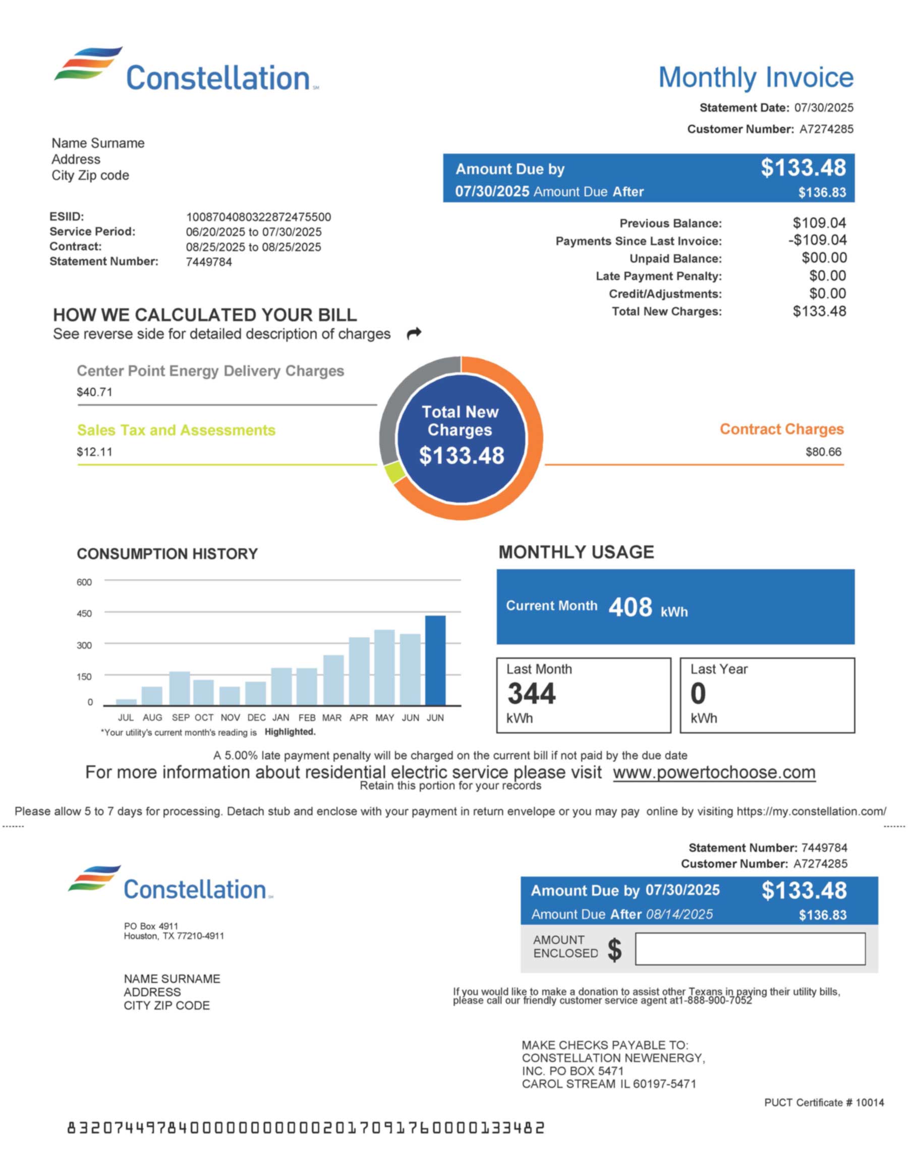 Constellation Energy utility bill in PDF with realistic account details, service address, and energy usage summary for demonstration purposes.