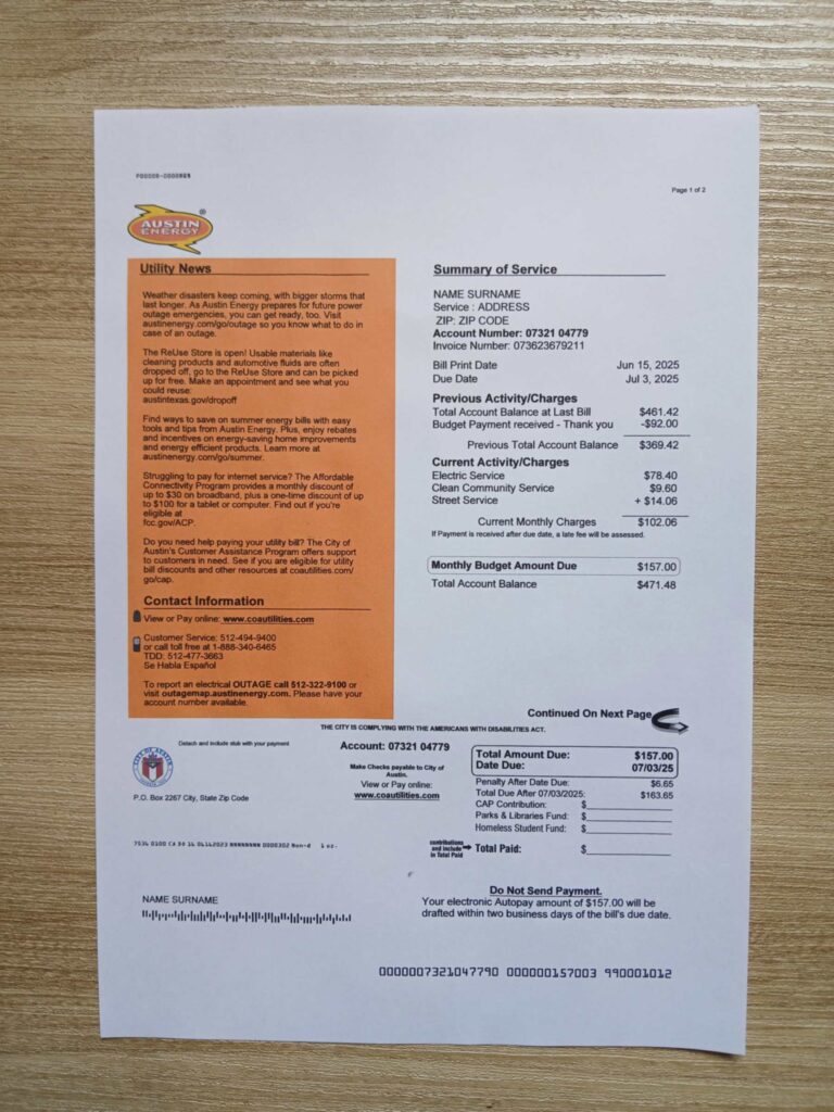Austin Energy utility bill from Texas – editable PDF template for KYC verification and proof of address simulation (2025 update)