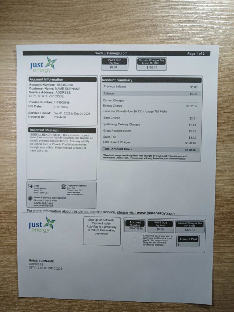 Printed utility bill from Just Energy, USA – editable mock PDF for verification demos, address validation or interface simulations (2025 version)