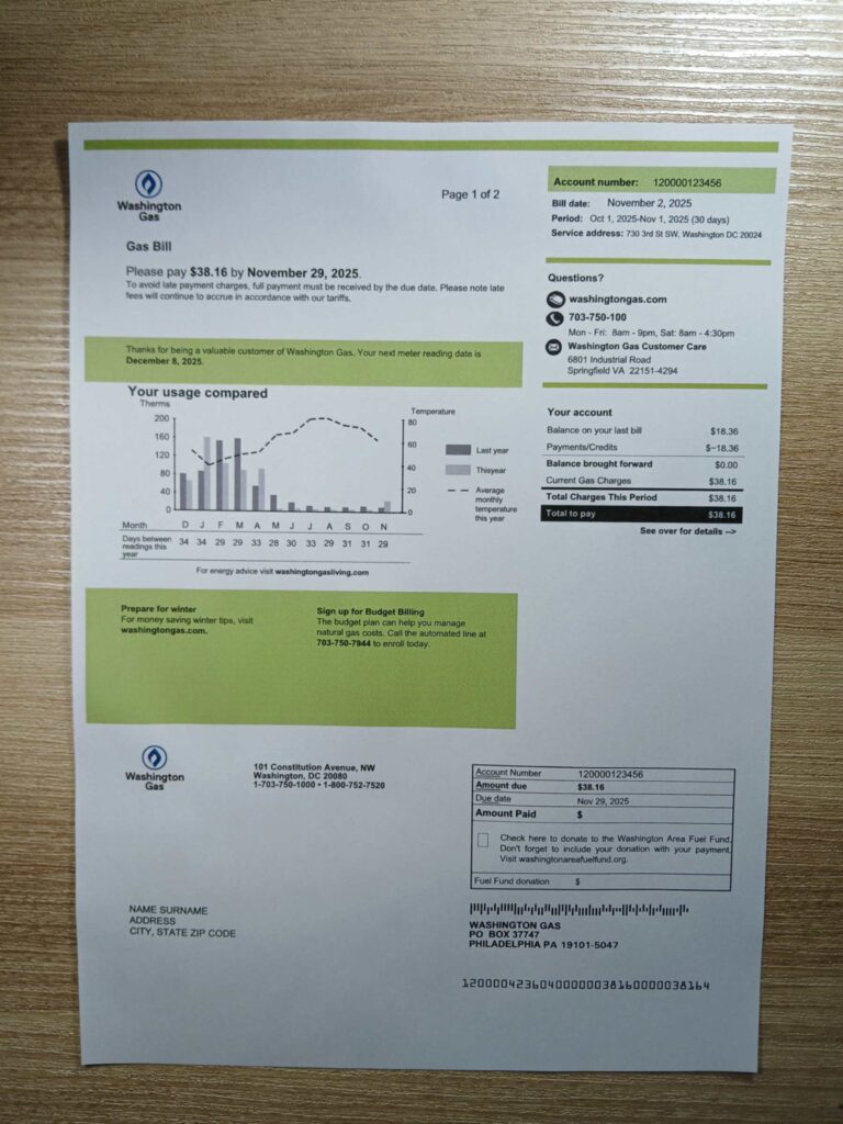 Printed and editable utility bill from Washington Gas, USA – high-resolution mockup for address confirmation simulation and user interface testing (2025 update)