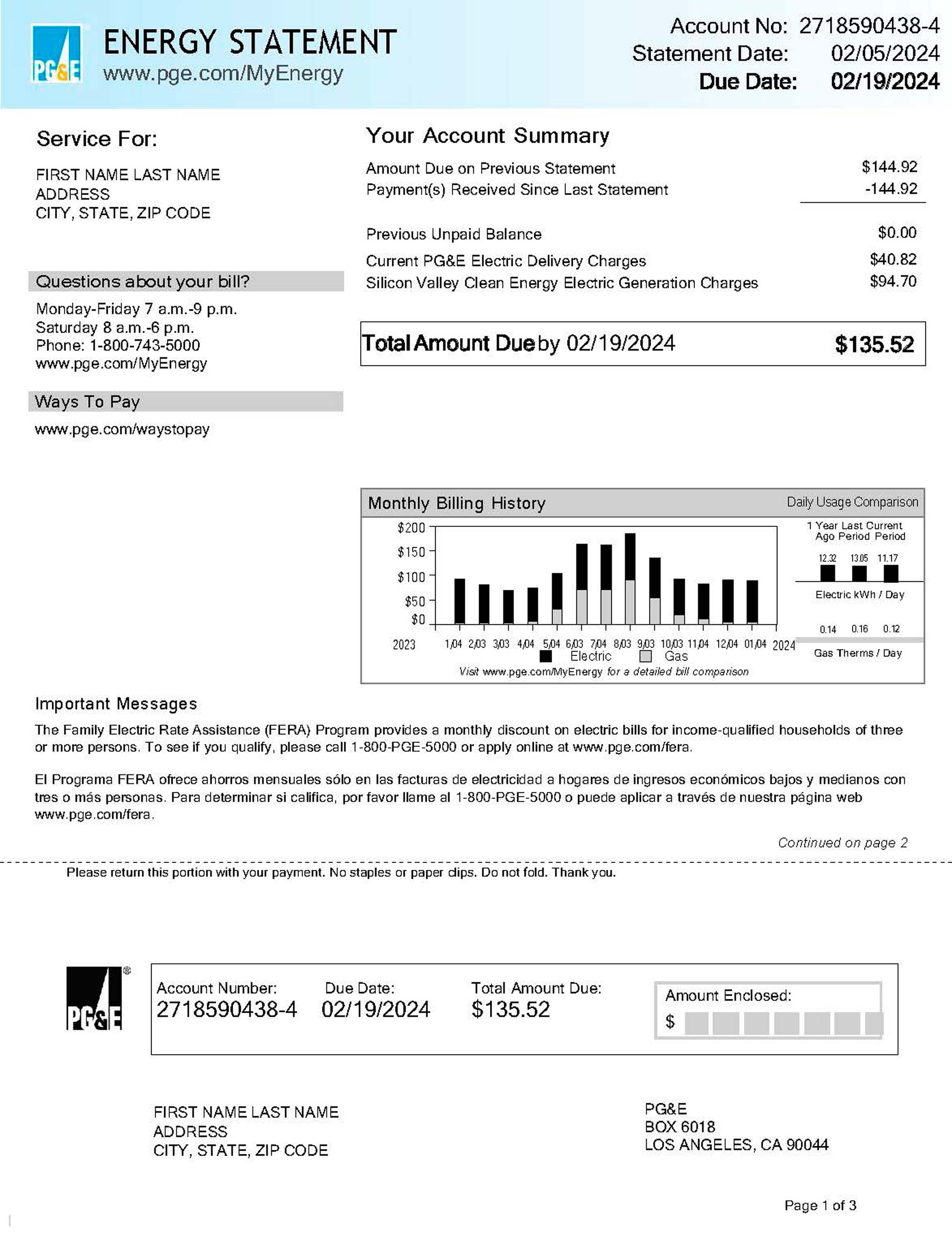 PG&E electricity bill template layout preview