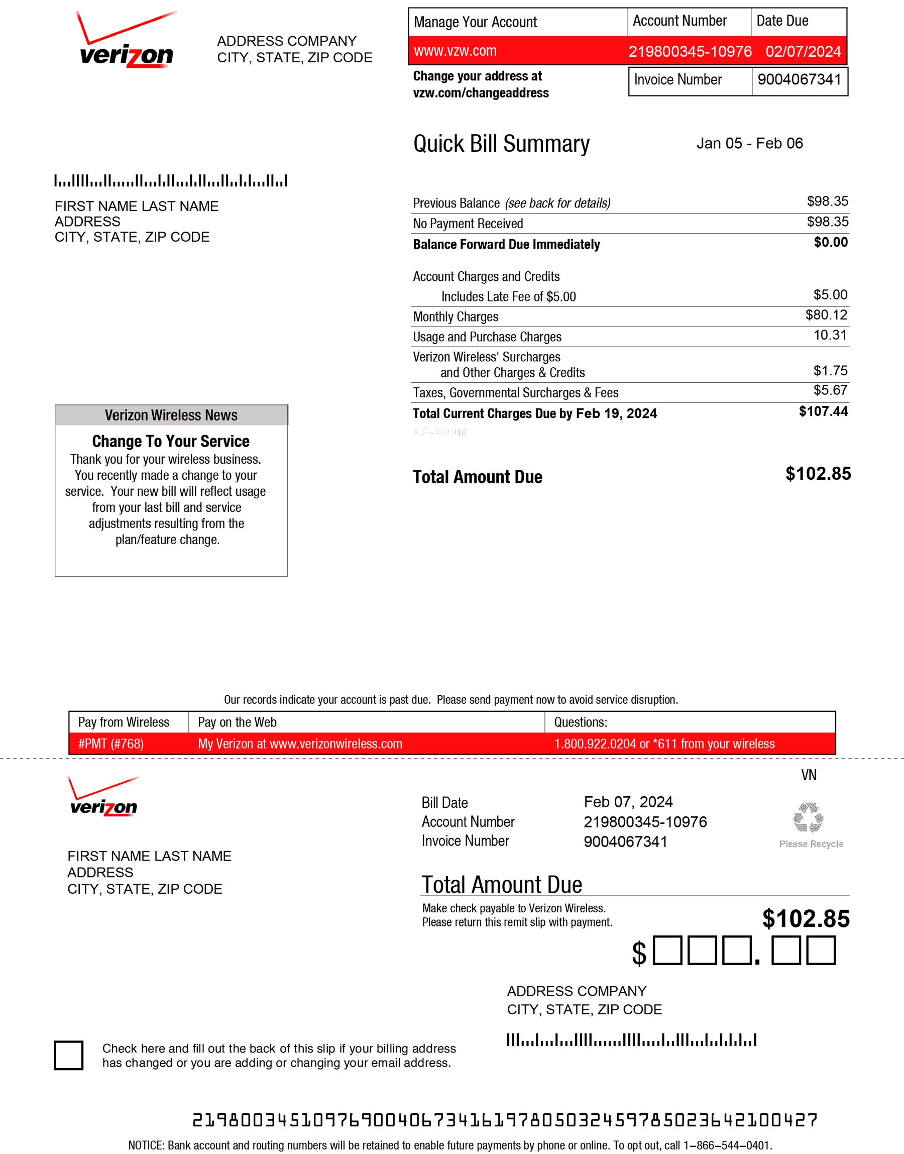 Verizon phone bill template layout preview
