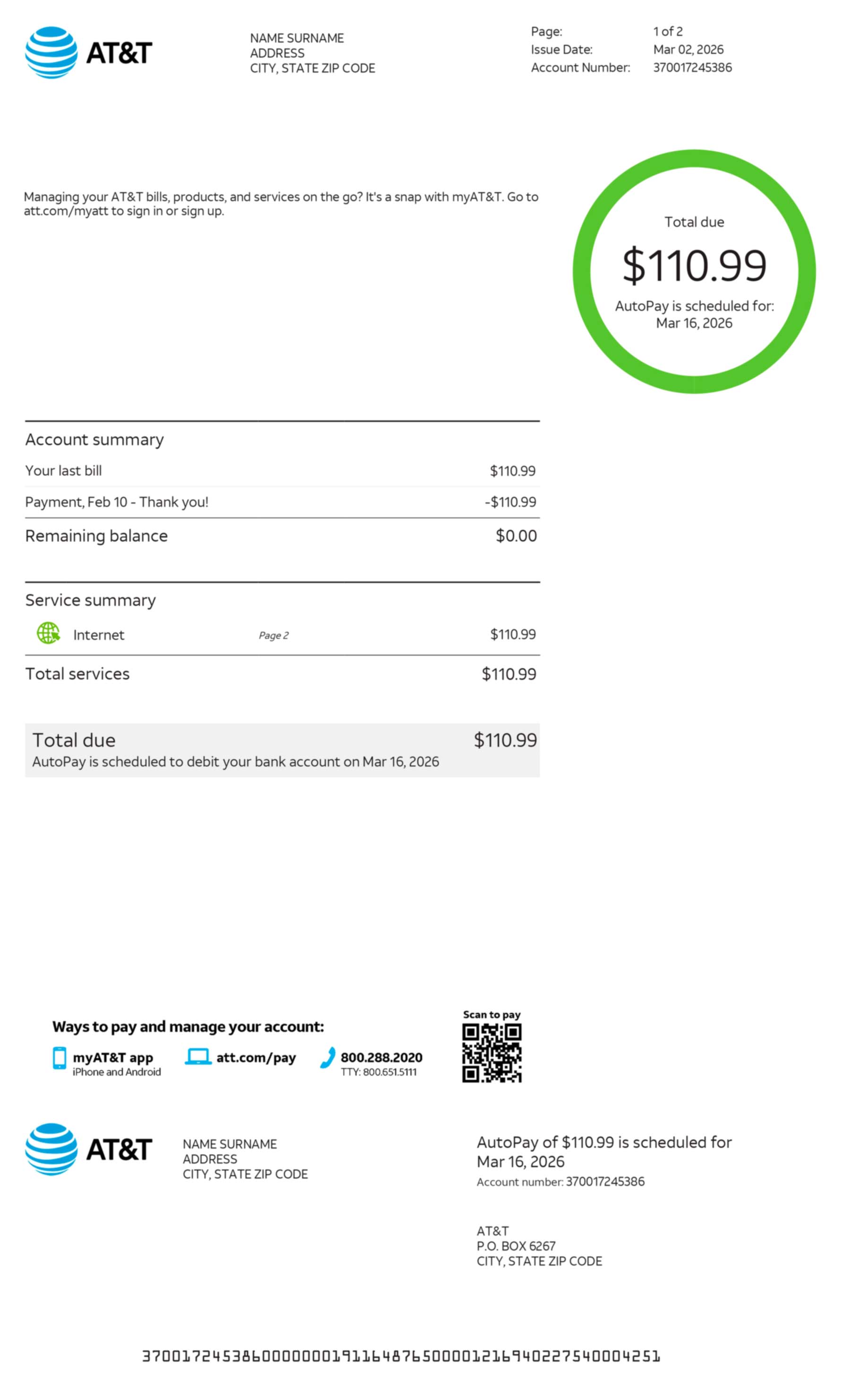 Internet utility bill template sample