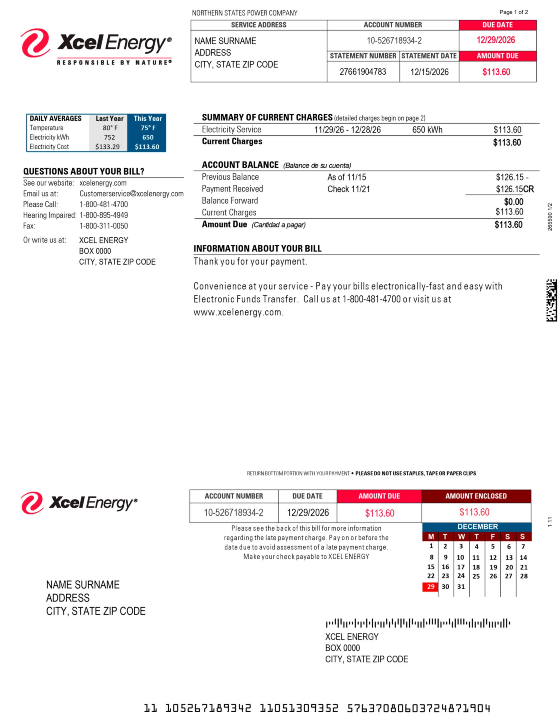 Editable electricity bill template layout