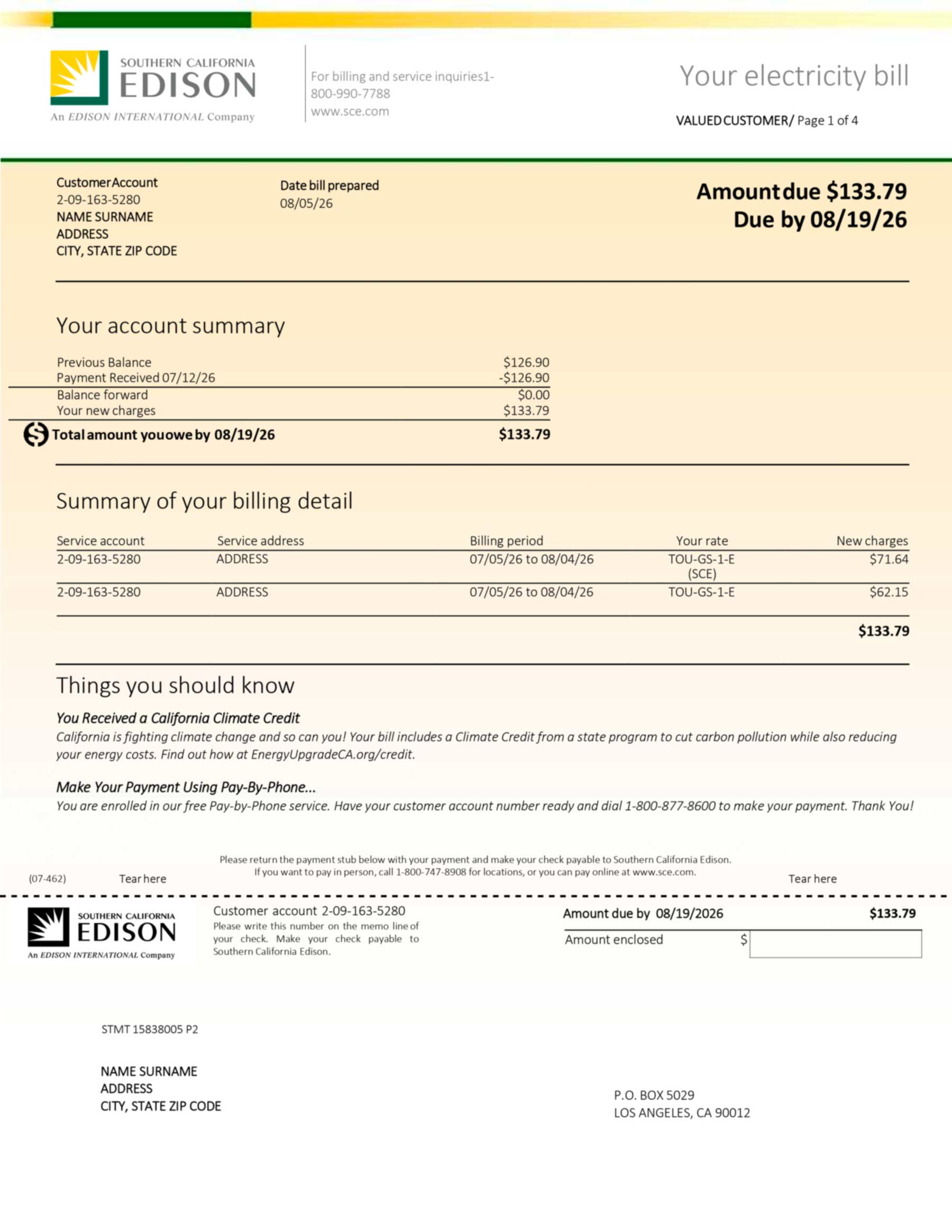 Electricity bill template format example