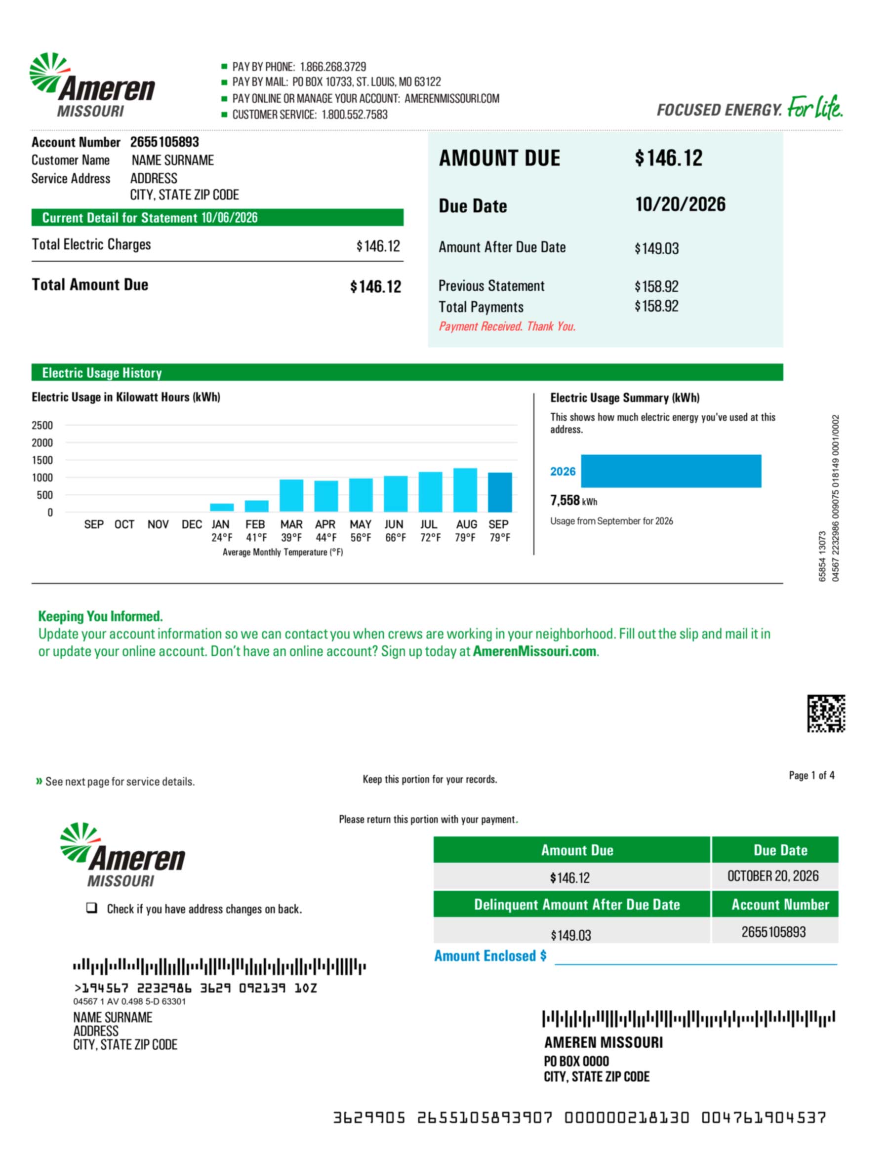 Electricity bill template meter reading section