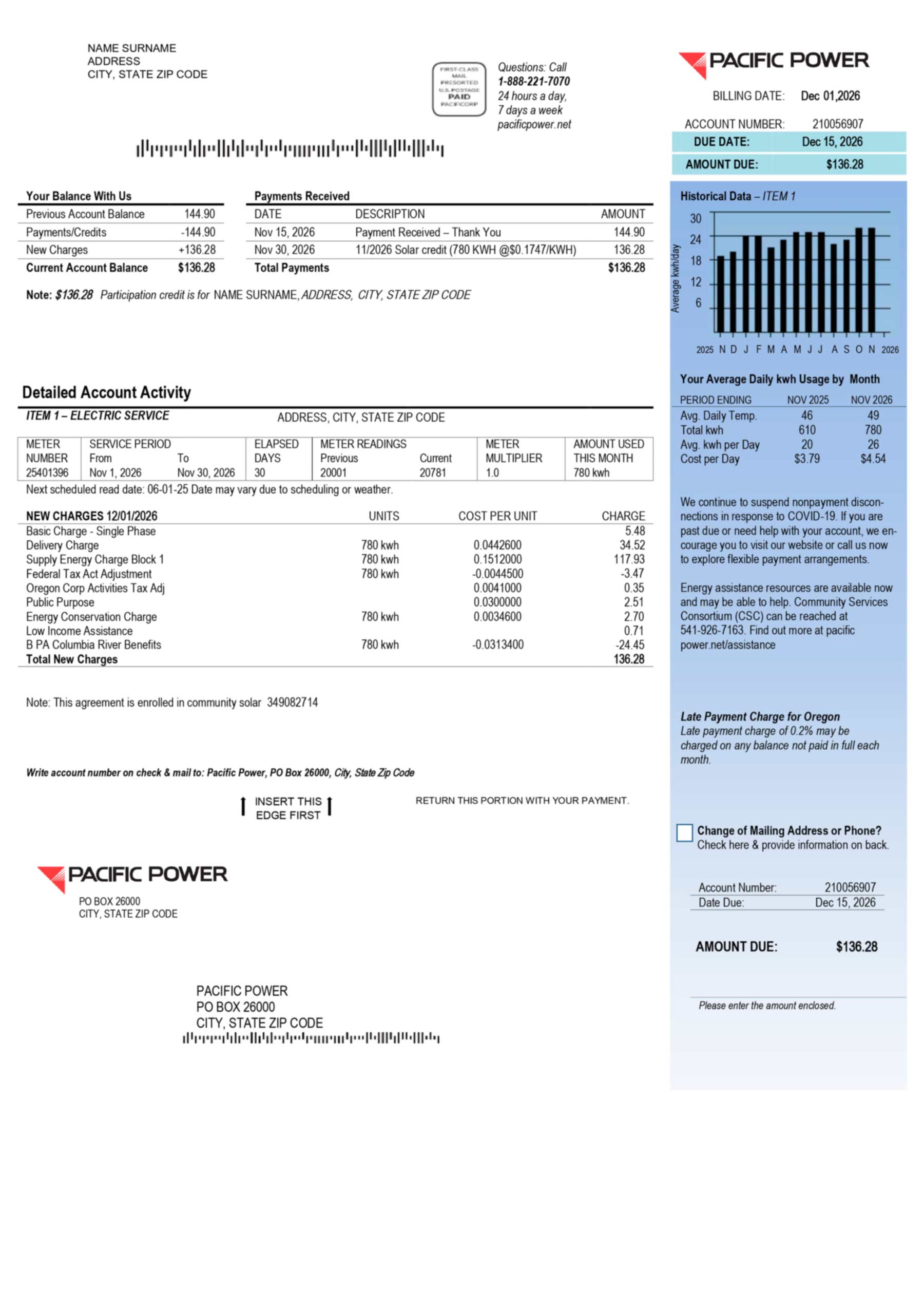 Electricity bill template payment summary