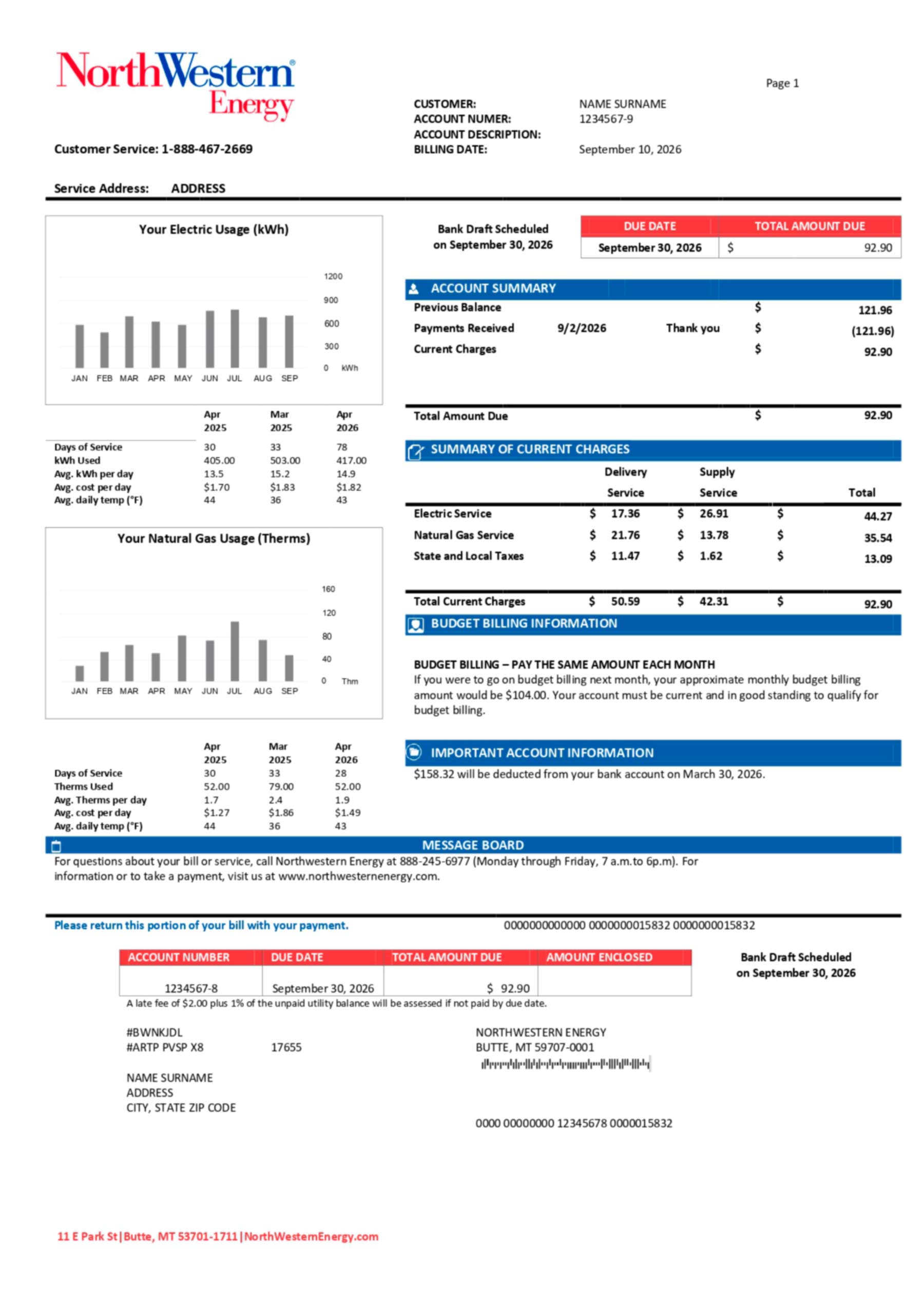 Gas bill utility statement sample