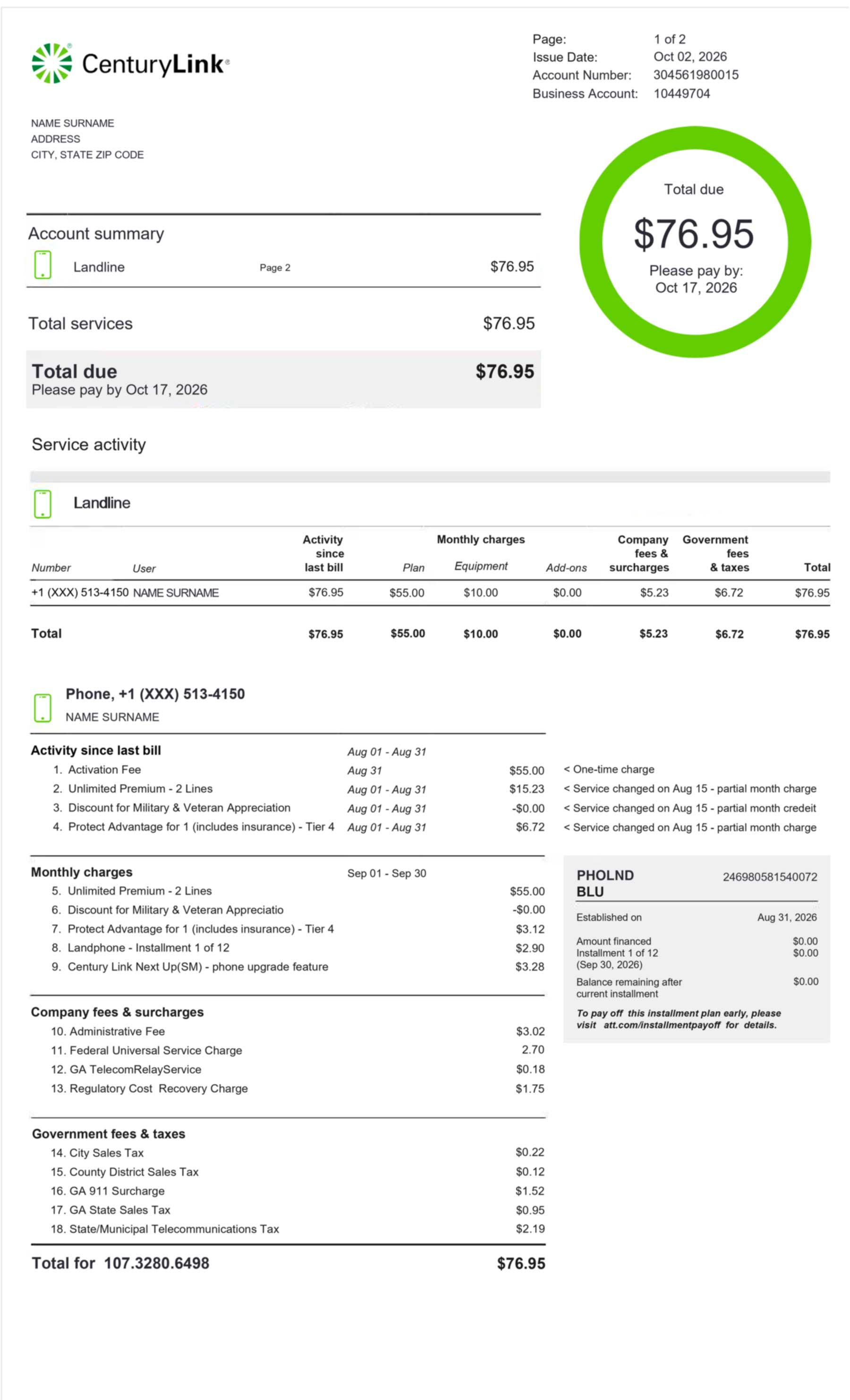 Phone bill template account details section